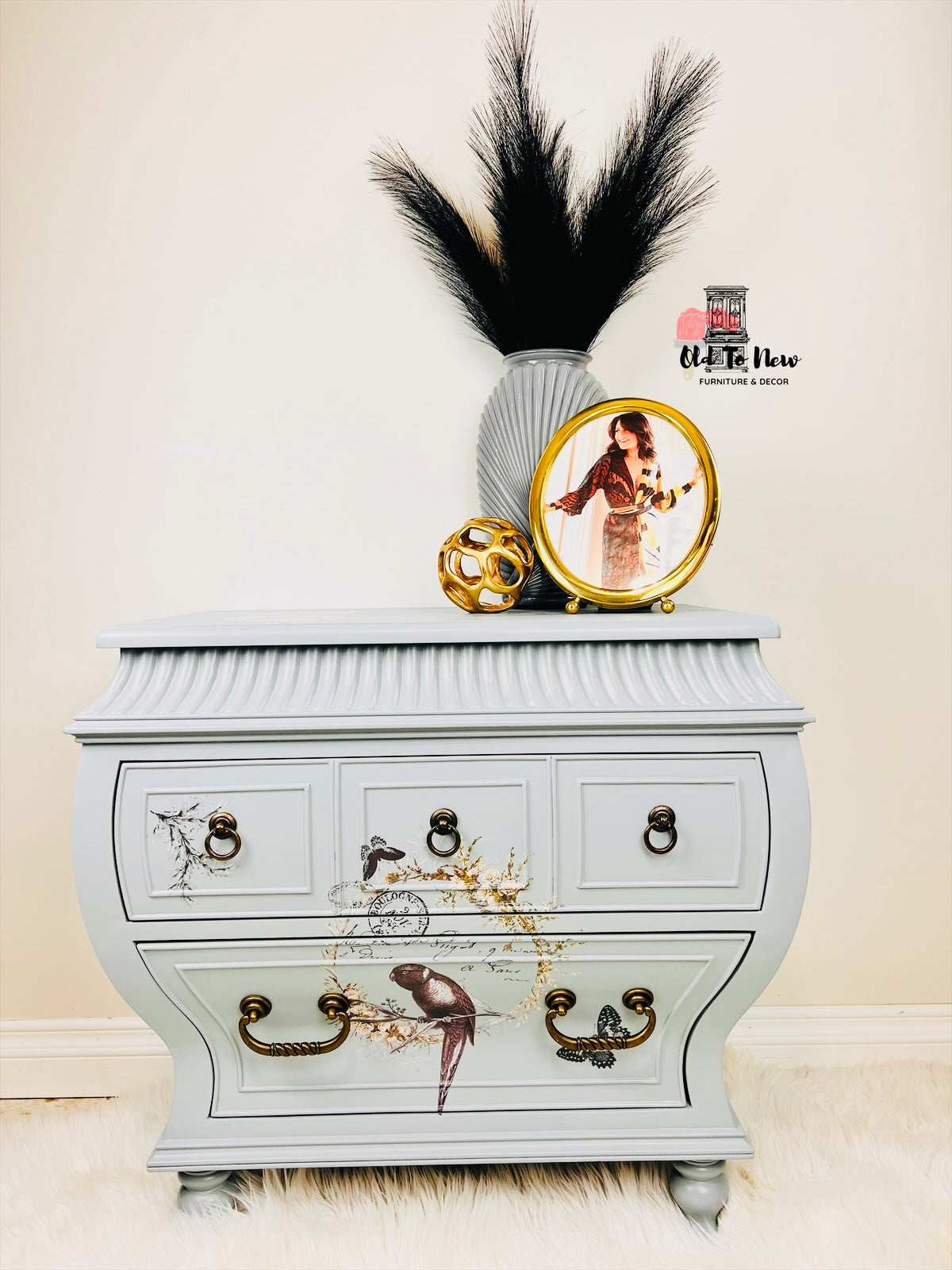 Carved and Detailed 2 Drawer Bombay Chest Painted Grey by Old to New Furniture & Decor