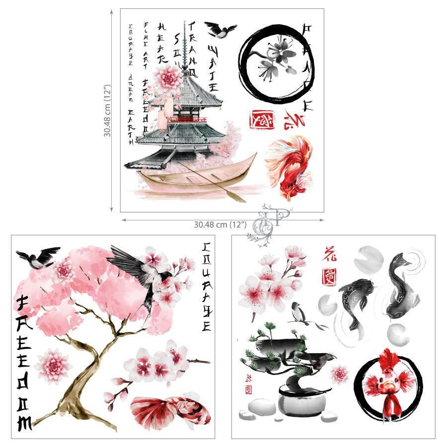 A set of Japanese-themed furniture decals featuring a cherry blossom tree, a bonsai tree, a pagoda, a boat, two koi fish, a goldfish, and a circle with a flower. The decals are in black, white, red, and pink. The text on the decals reads 'FREEDOM', 'TRANQUILITY', 'FIRST ART', 'JAPANESE', 'ZEN', and 'FLOWER'