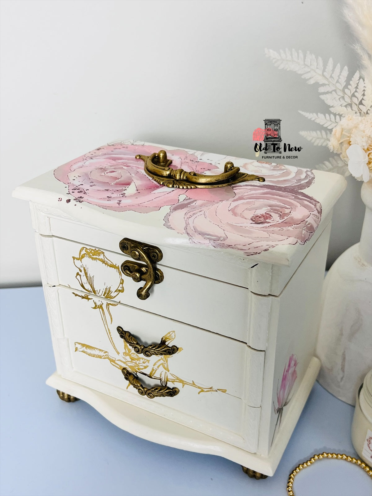 Antique hand painted jewelry box; Old to New Furniture & Decor.