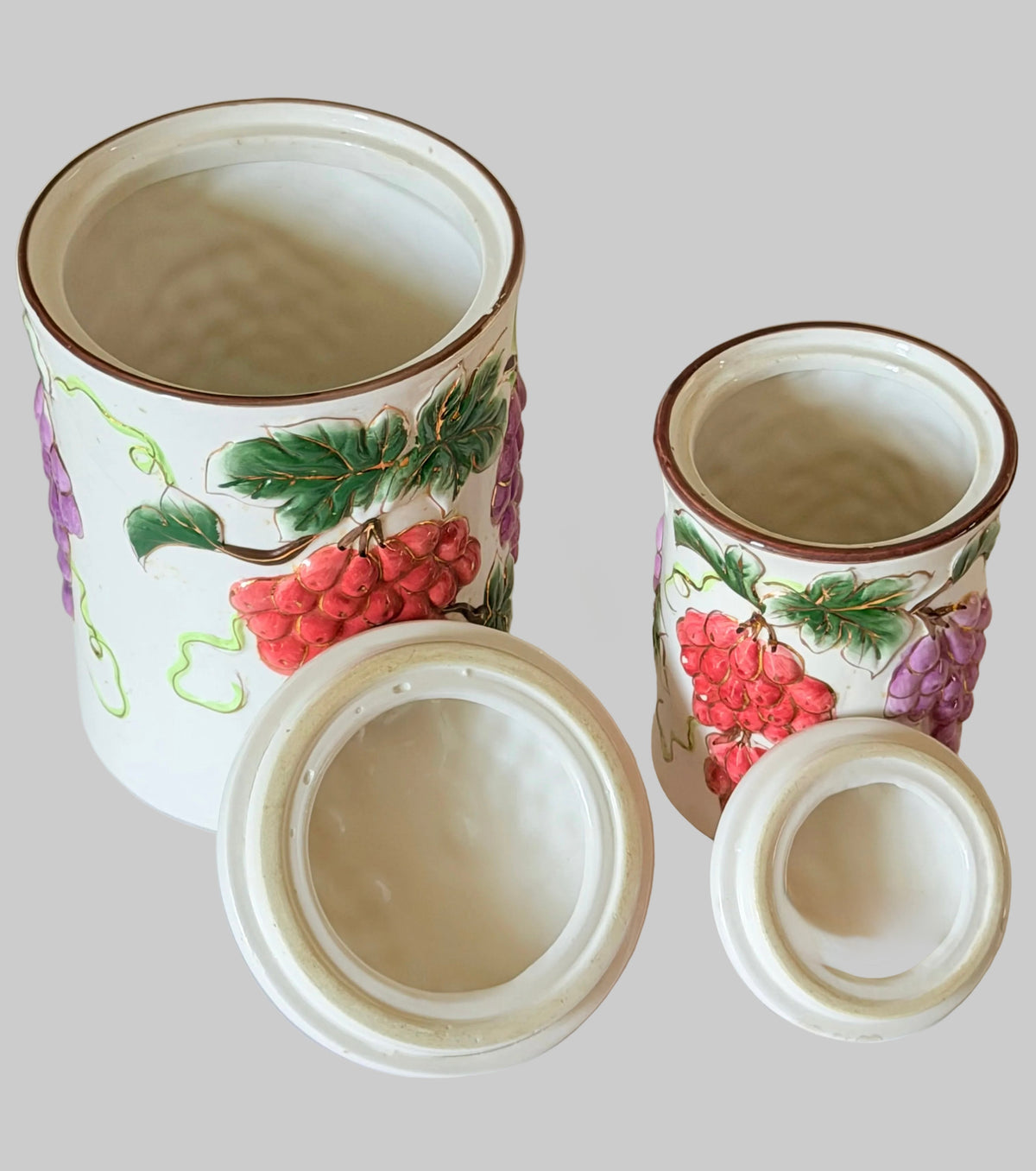 Vintage 3D Ceramic Grape Canister Set of 2 – Embossed Tuscan Kitchen Storage Jars