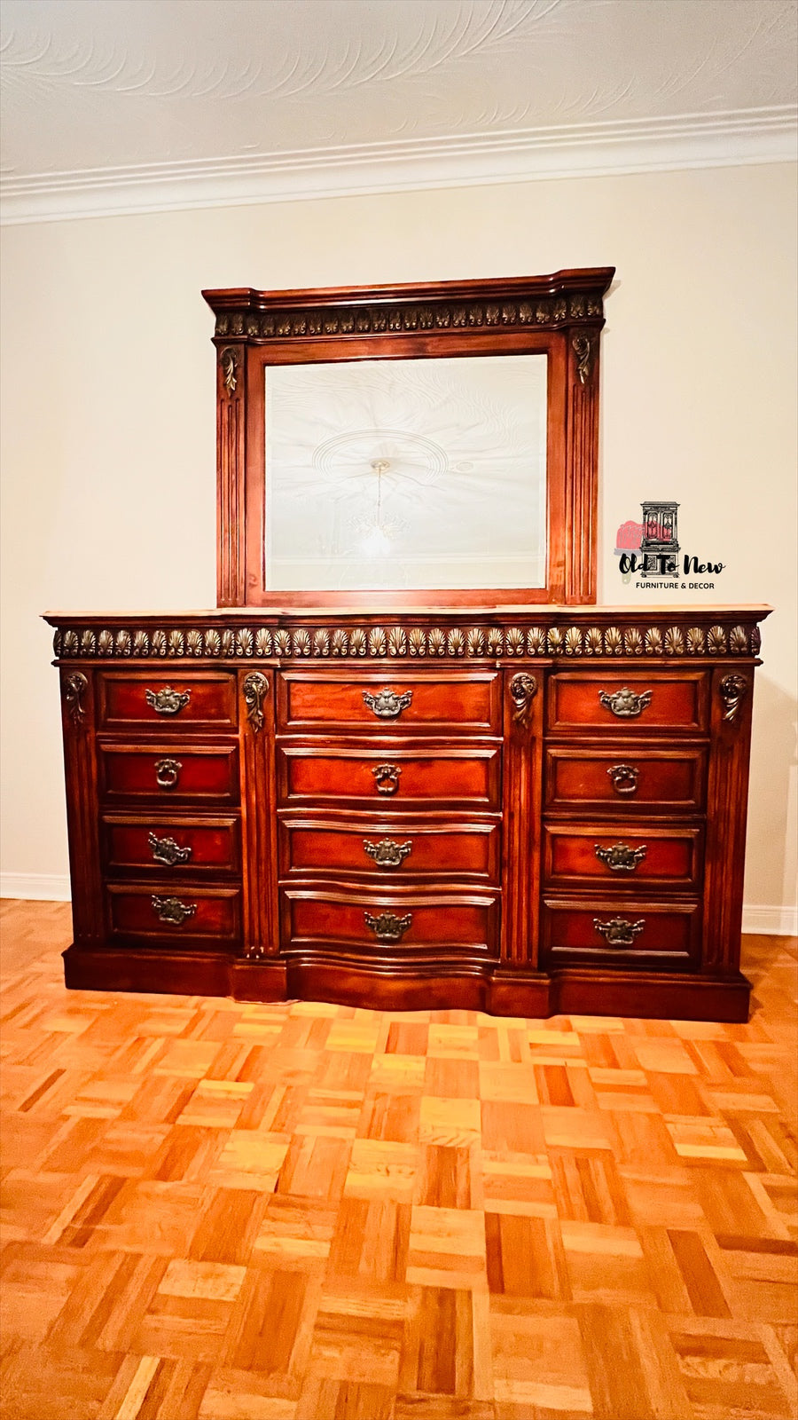 Unfinished Large Jacobean Buffet/Credenza, Dresser & Mirror & Black Entryway Unit.