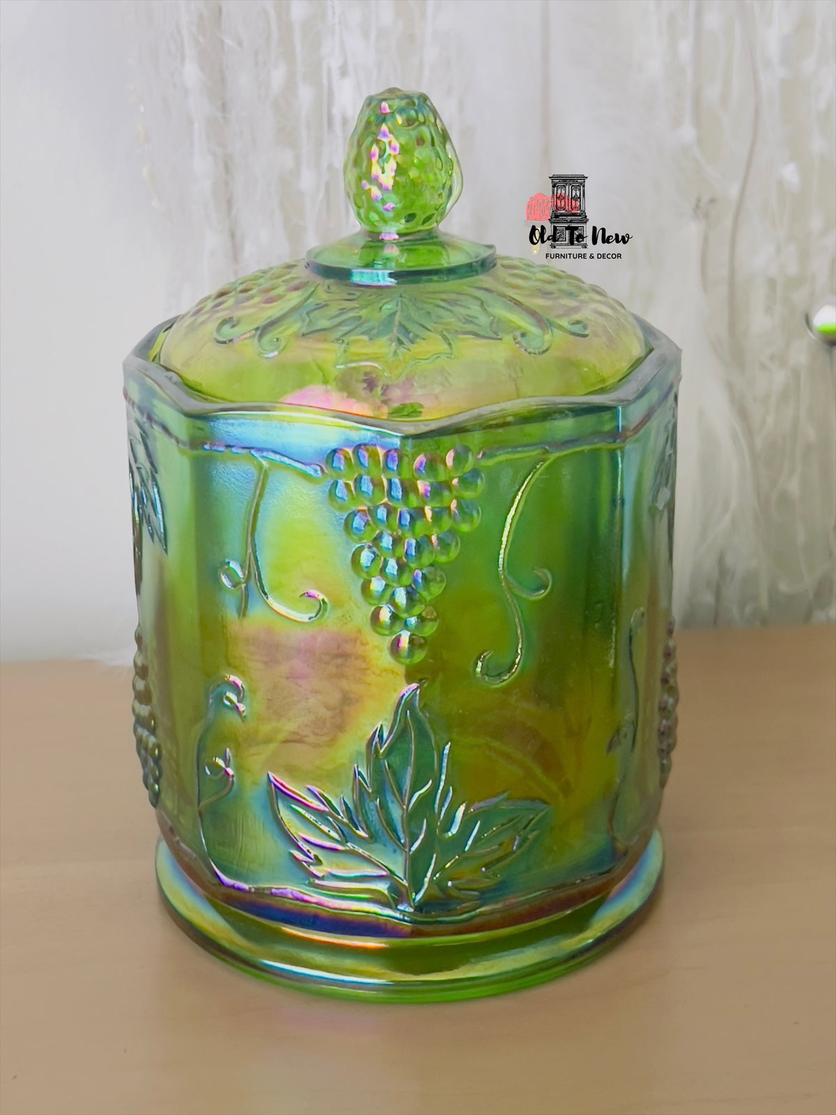 Vintage Indiana Harvest Grape Carnival Iridescent Green Glass Canister; Old to New Furniture & Decor.