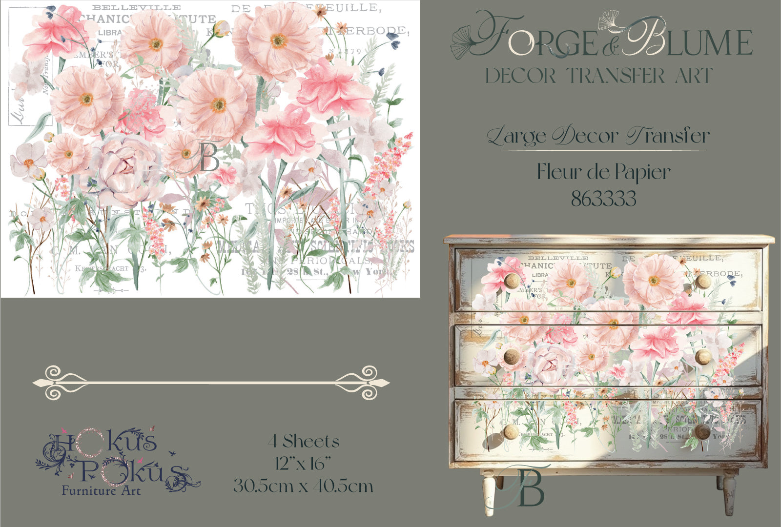 NEW Hokus Pokus; Fleur De Papier – Large Transfer – Forge & Blume; old to new furniture & decor
