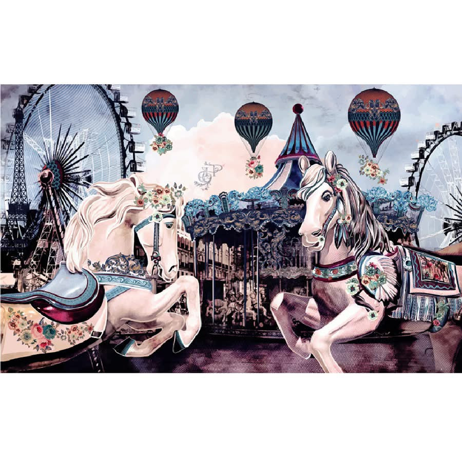Hokus Pokus Transfer - Let’s Go To The Merry-Go-Round; horses carousels & air balloons.