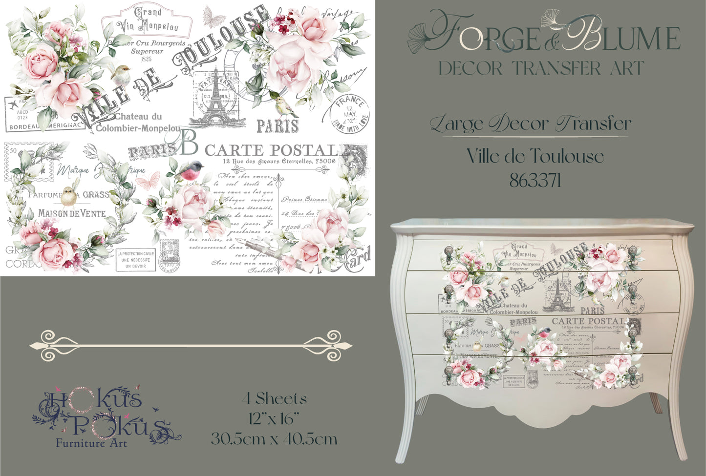 NEW Hokus Pokus; Ville De Toulouse – Large Transfer – 4 x Sheets, Forge & Blume