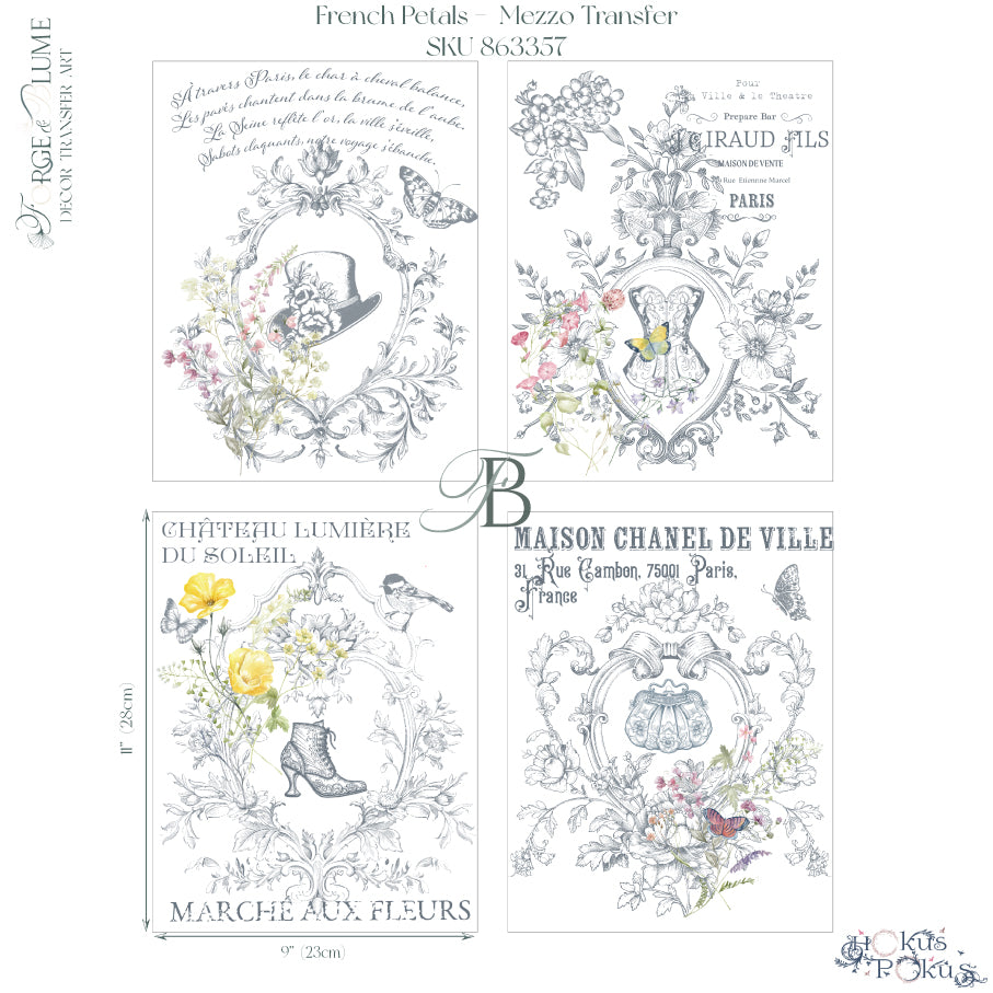 NEW Hokus Pokus; French Petals – Mezzo (Medium) Transfer – 4 x Sheets, Forge & Blume