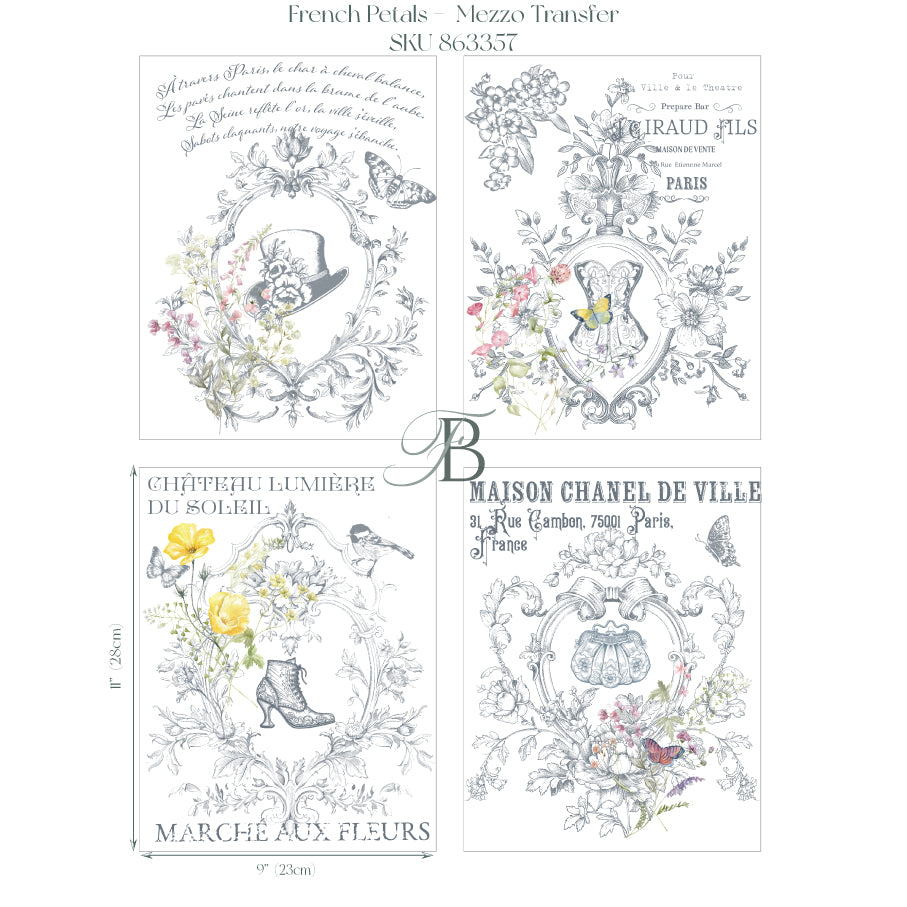 NEW Hokus Pokus; French Petals – Mezzo (Medium) Transfer – 4 x Sheets, Forge & Blume