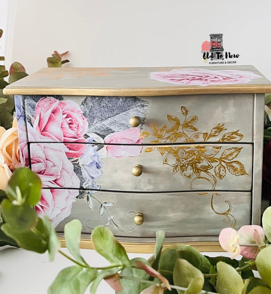 Modern Refinished Scroll Print & beautiful flower Jewelry Box