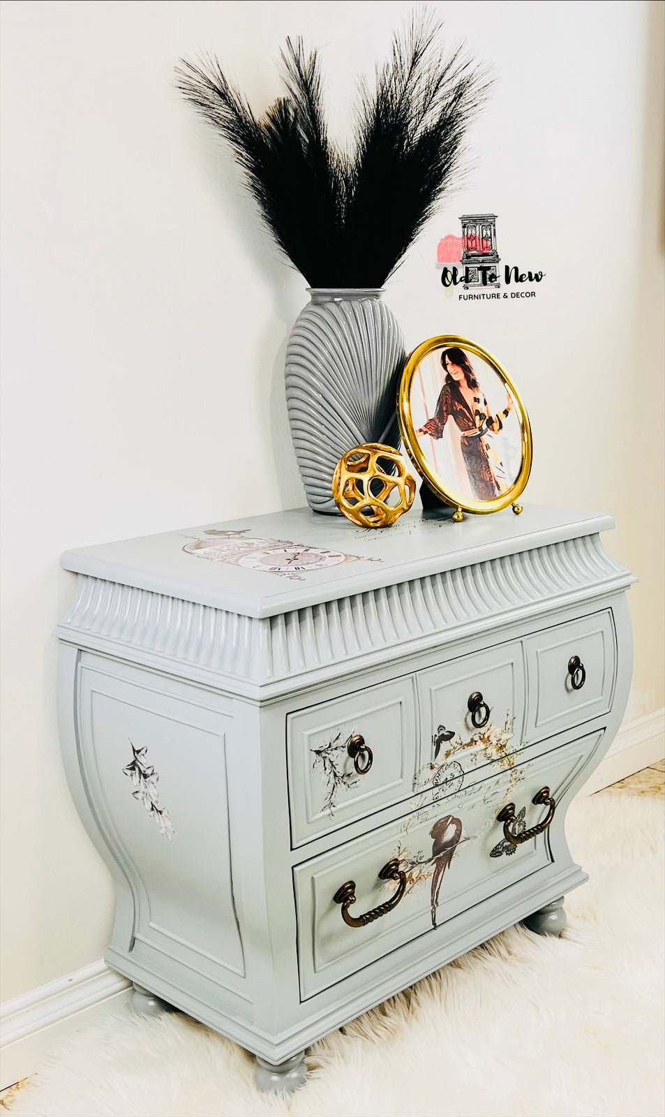 Carved and Detailed 2 Drawer Bombay Chest Painted Grey by Old to New Furniture & Decor