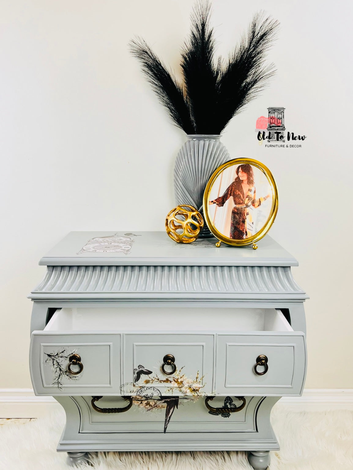 Carved and Detailed 2 Drawer Bombay Chest Painted Grey by Old to New Furniture & Decor