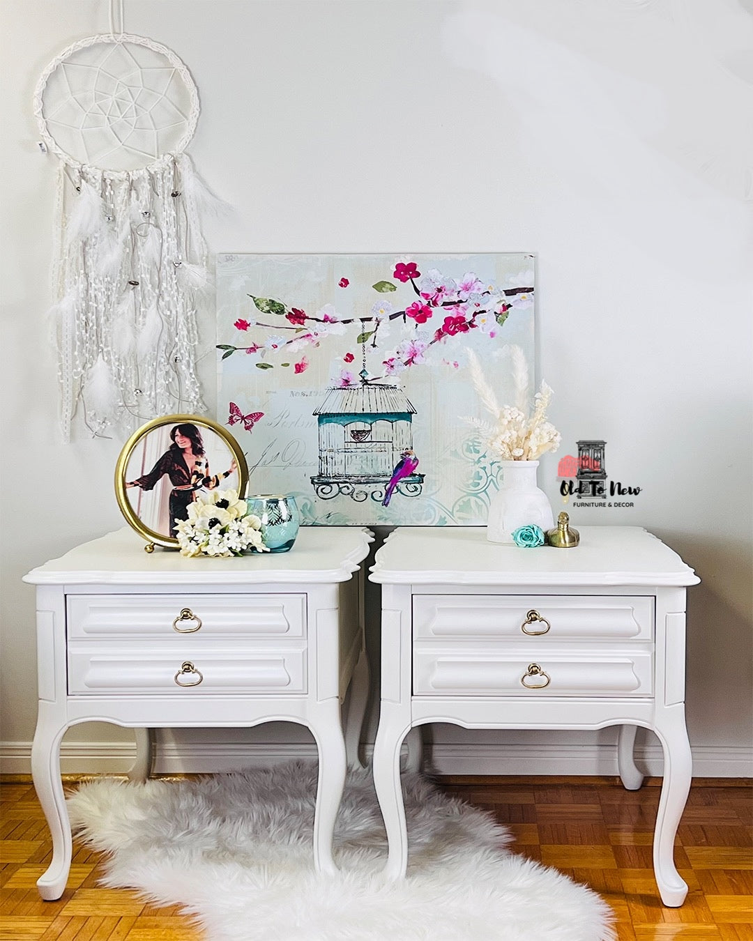 White French Provincial 1 Drawer End Tables Painted with Fusion Mineral Paint, Victorian Lace.