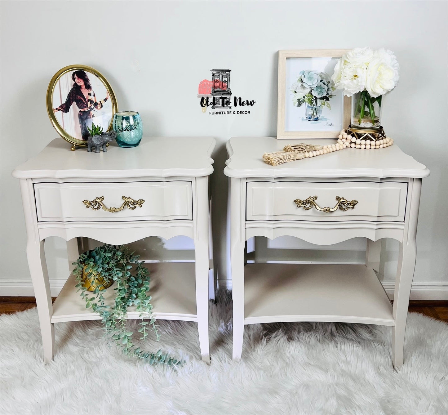 Pair of Elegant & Beautiful French Provincial Beige End Tables, Painted with Cathedral Taupe Fusion Mineral Paint