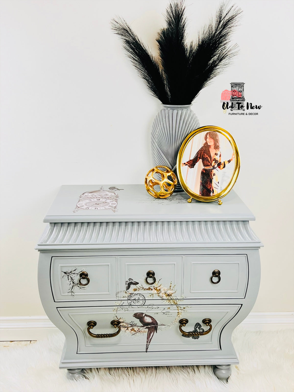 Carved and Detailed 2 Drawer Bombay Chest Painted Grey by Old to New Furniture & Decor