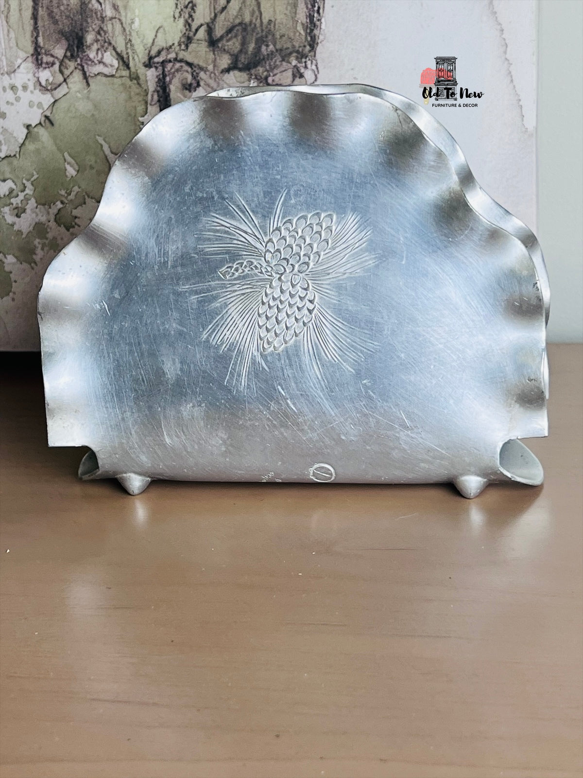 Vintage Canadian Made Aluminum Napkin Holder with a Pinecone Design.