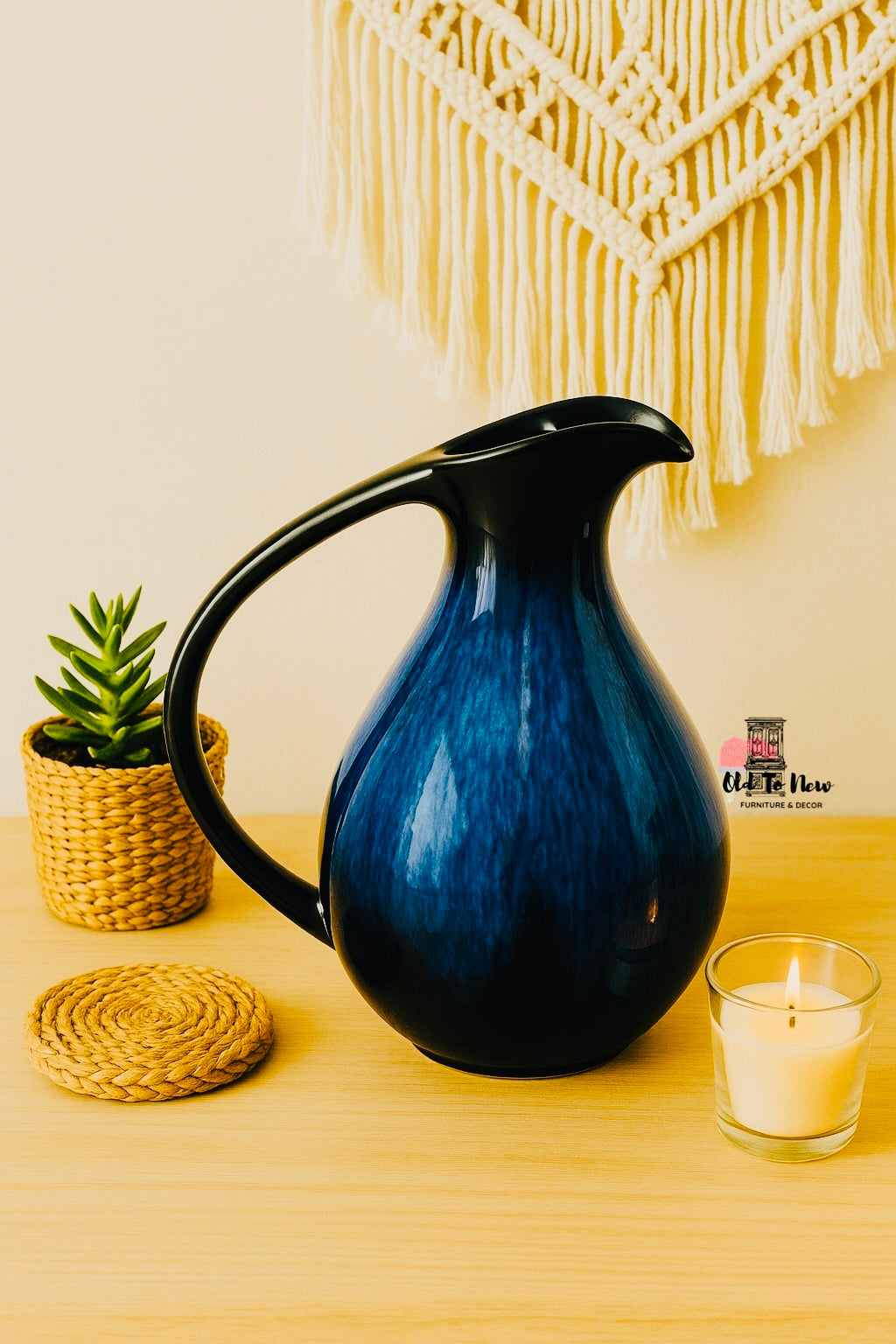 Navy ceramic pitcher; old to new furniture & Decor