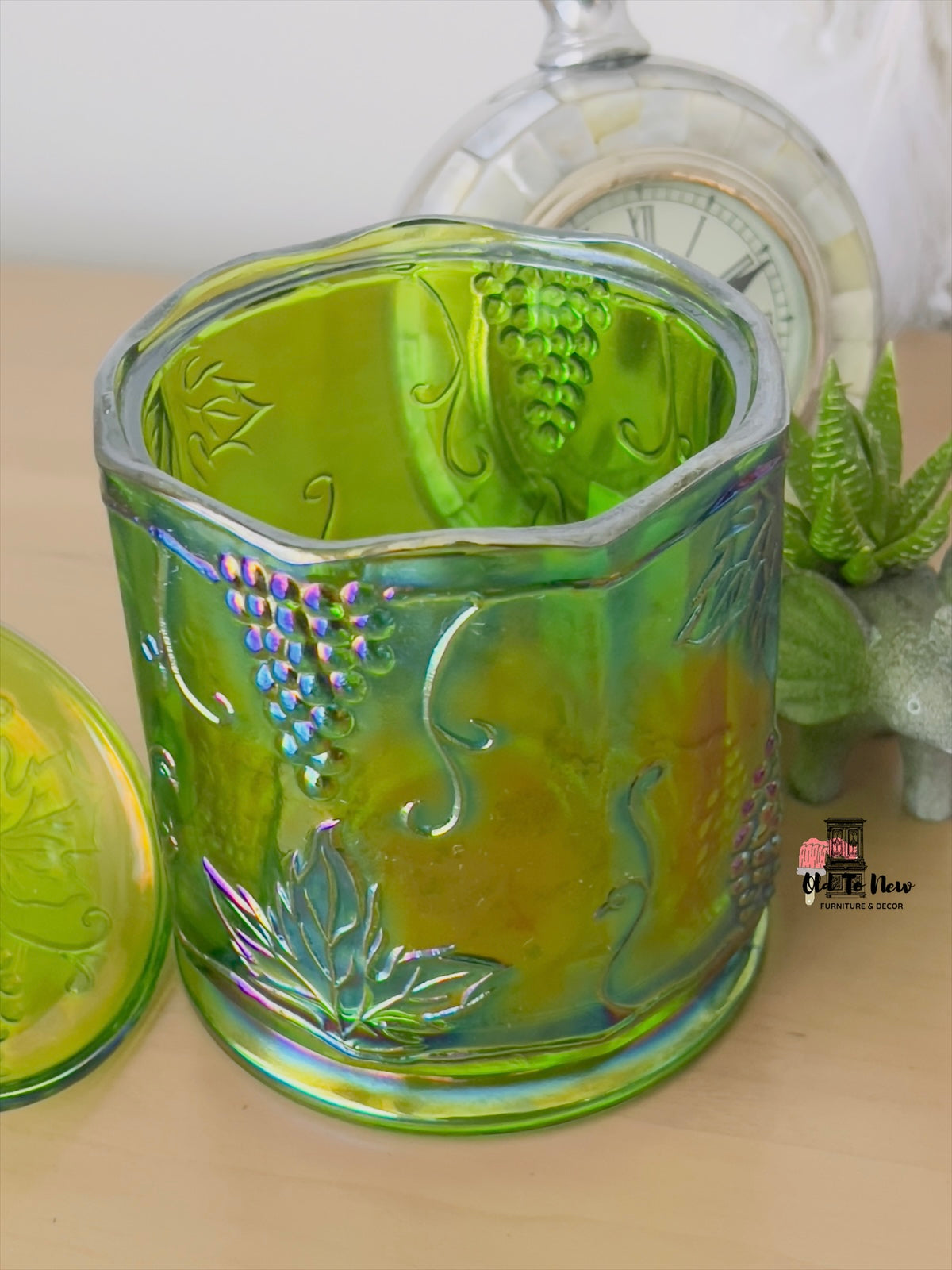 Vintage Indiana Glass Iridescent Green Carnival Glass Canister Grape Harvest