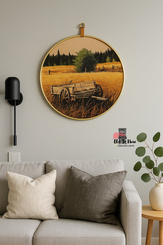 Vintage Embroidered Round Framed Artistic Farm Wagon, Ecstasy Giftware Wall Art