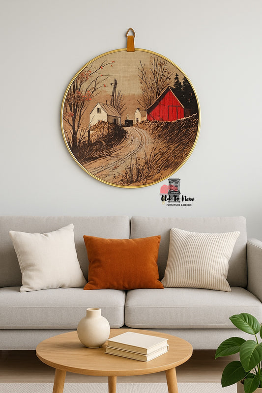 Vintage Embroidered Round Framed Artistic Red Barn, Ecstasy Giftware Wall Art
