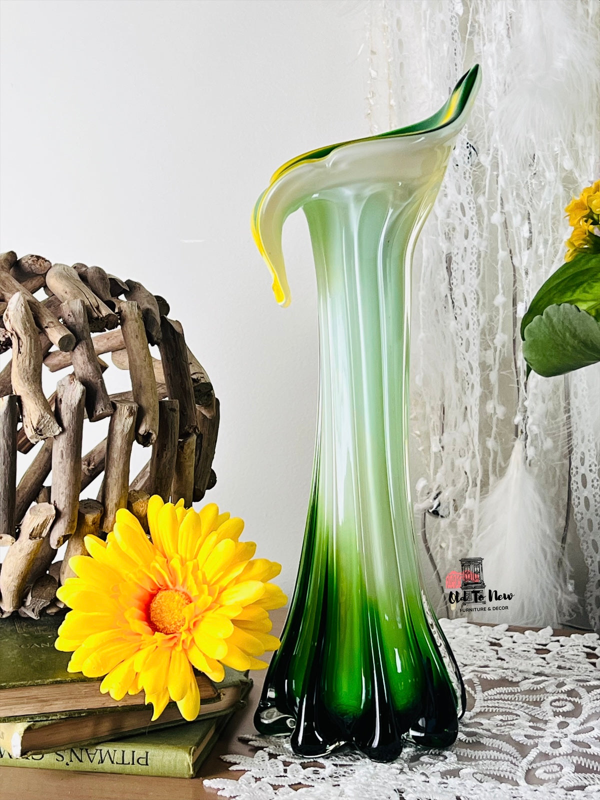 Retro Art Glass Green Yellow White Vase; Old to New Furniture &. Decor.. Toronto, Canada