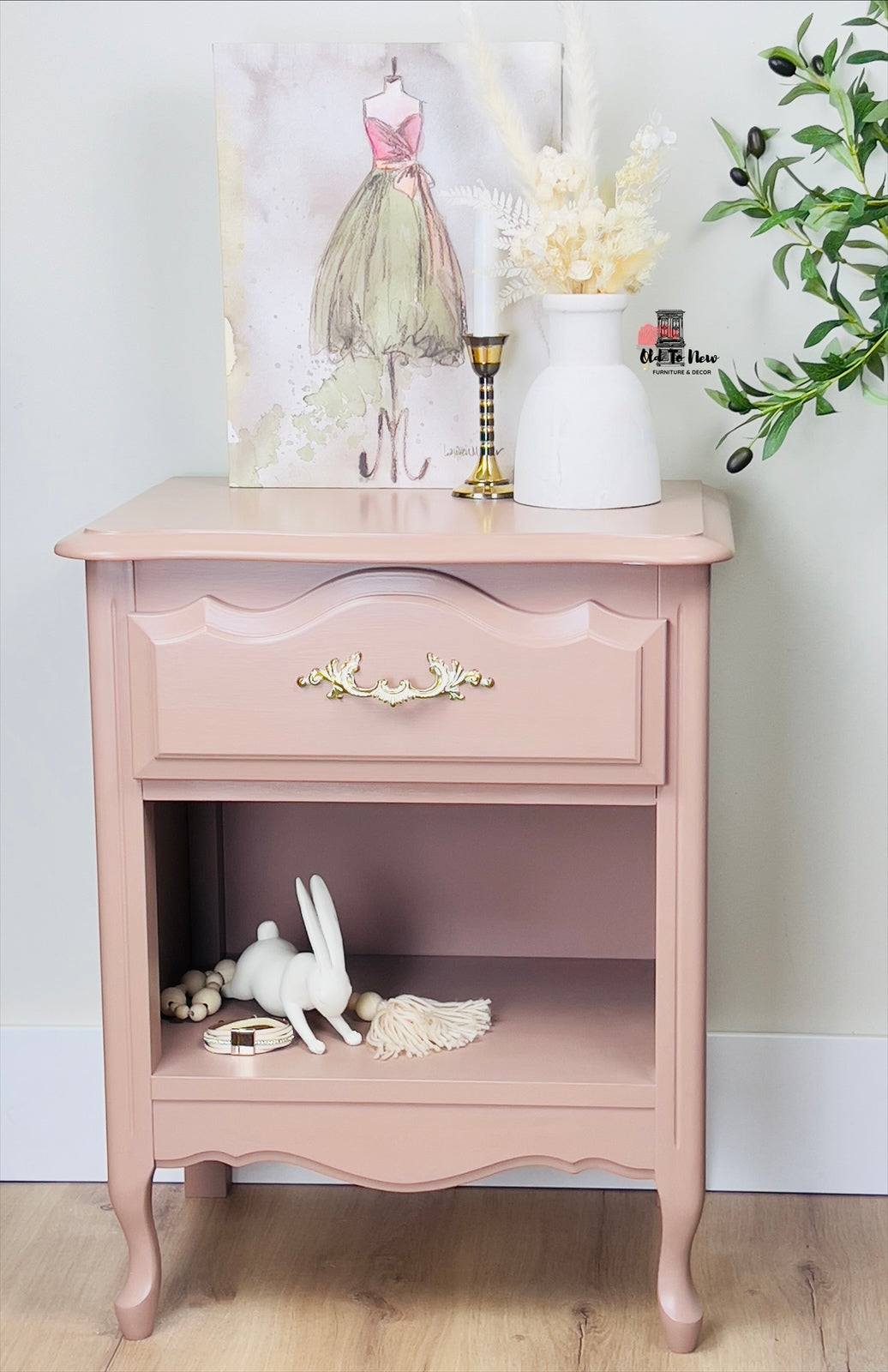 French provincial furniture Blush pink side table bedroom décor; Old to New Furniture & Decor, Refinished Canadian Furniture