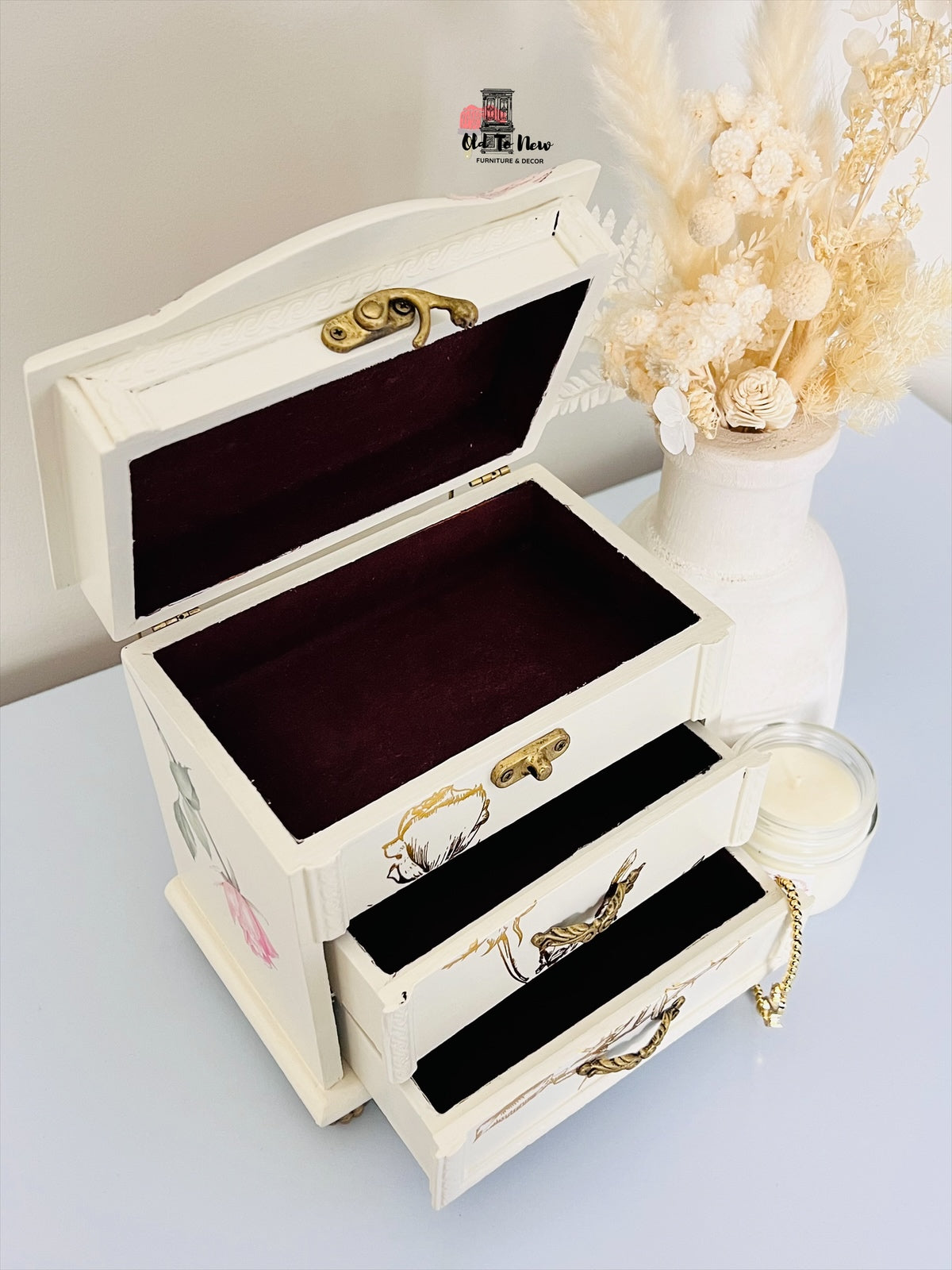 Beige antique jewelry box hand painted. Old to New furniture & Decor