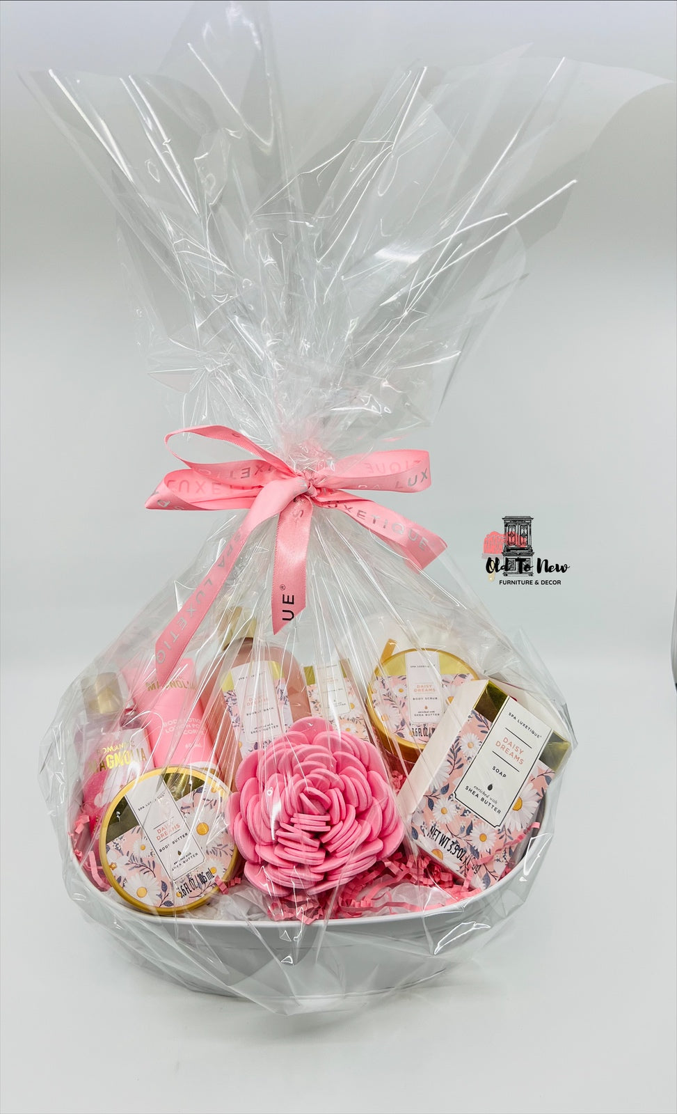 Deluxe Pink and White Gift Basket | Old to New Furniture & Decor, Pink Gold Gift Wrapped Basket Ready to Ship, Designer Spa Deluxe Basket, Mothers Day Gift, Birthday Gift, Hostess Gift, A Gift for Her. Hostess Gift, Get Well Soon Gift