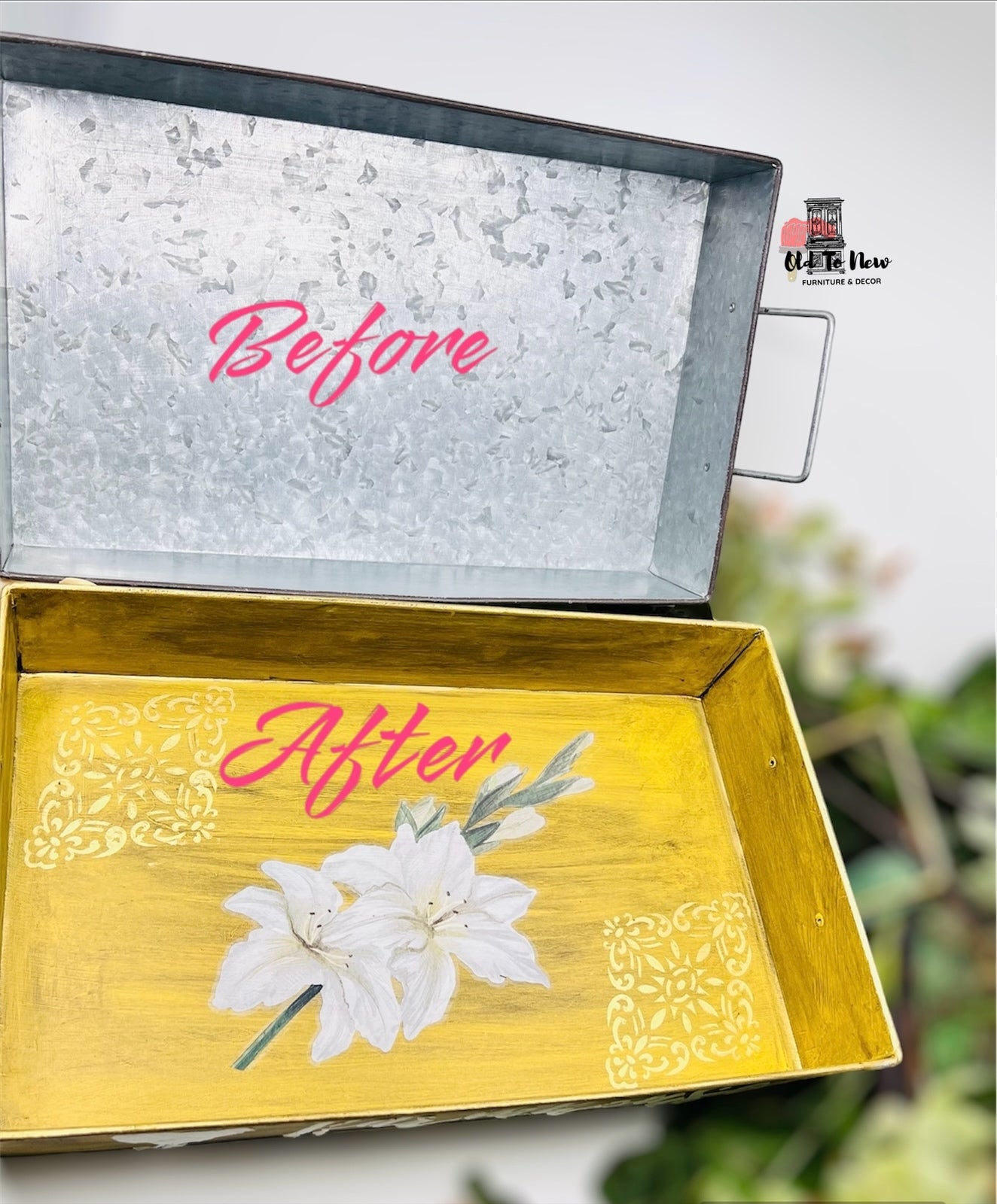 Before and after yellow metal tray