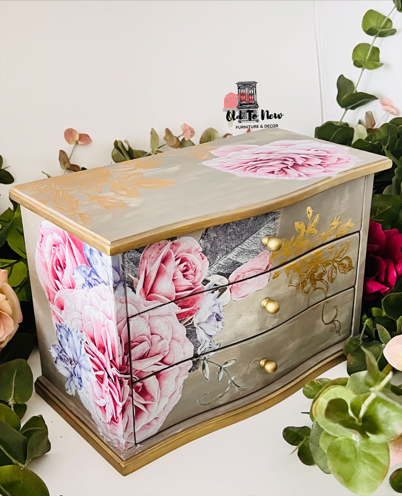 Modern Refinished Scroll Print & beautiful flower Jewelry Box