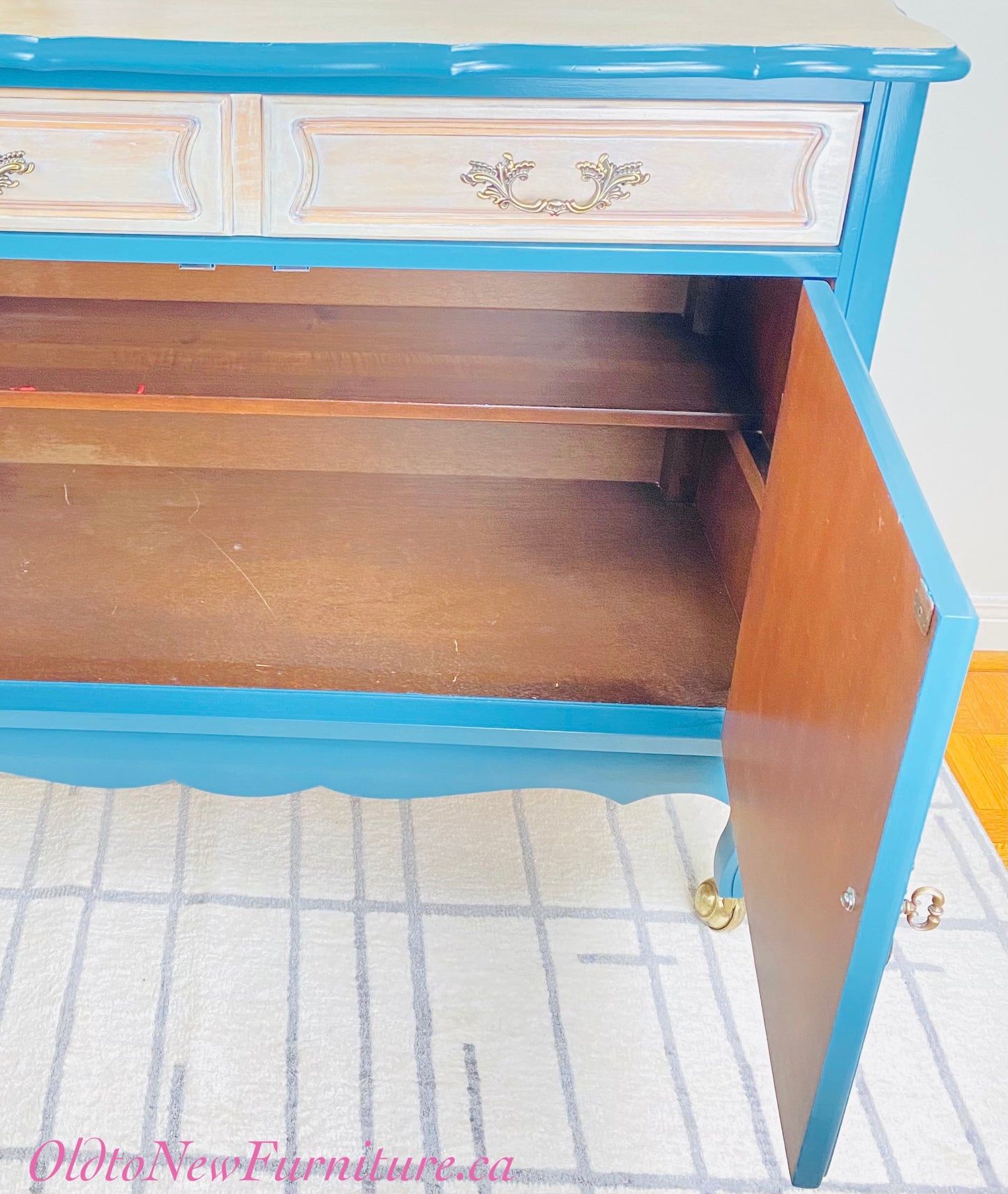 Blue And Natural Wood French Provincial Antique Sideboard Painted With Fusion Mineral Paint