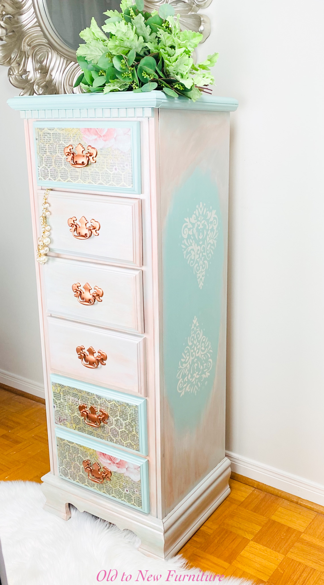 Gorgeous 6 Drawer Lingerie Chest Painted a combination of Pink & Teal colors with Decoupage Paper