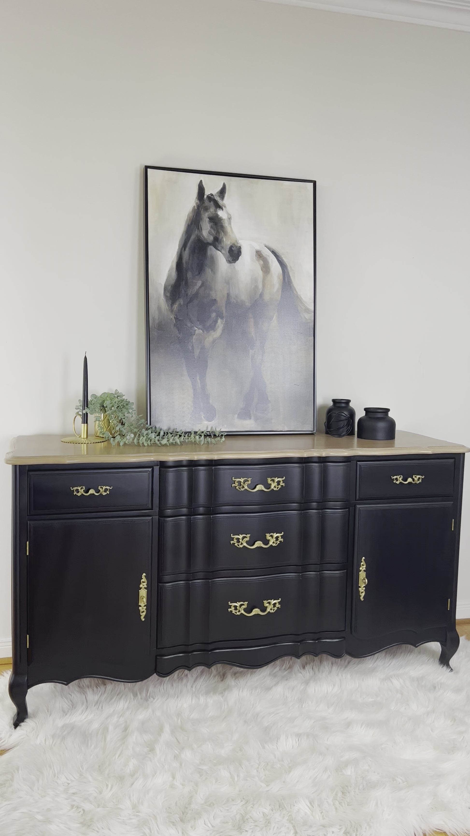 Black & Gold French Provincial Sideboard buffet, Coal Black Fusion Mineral Paint, Old to New Furniture & Decor