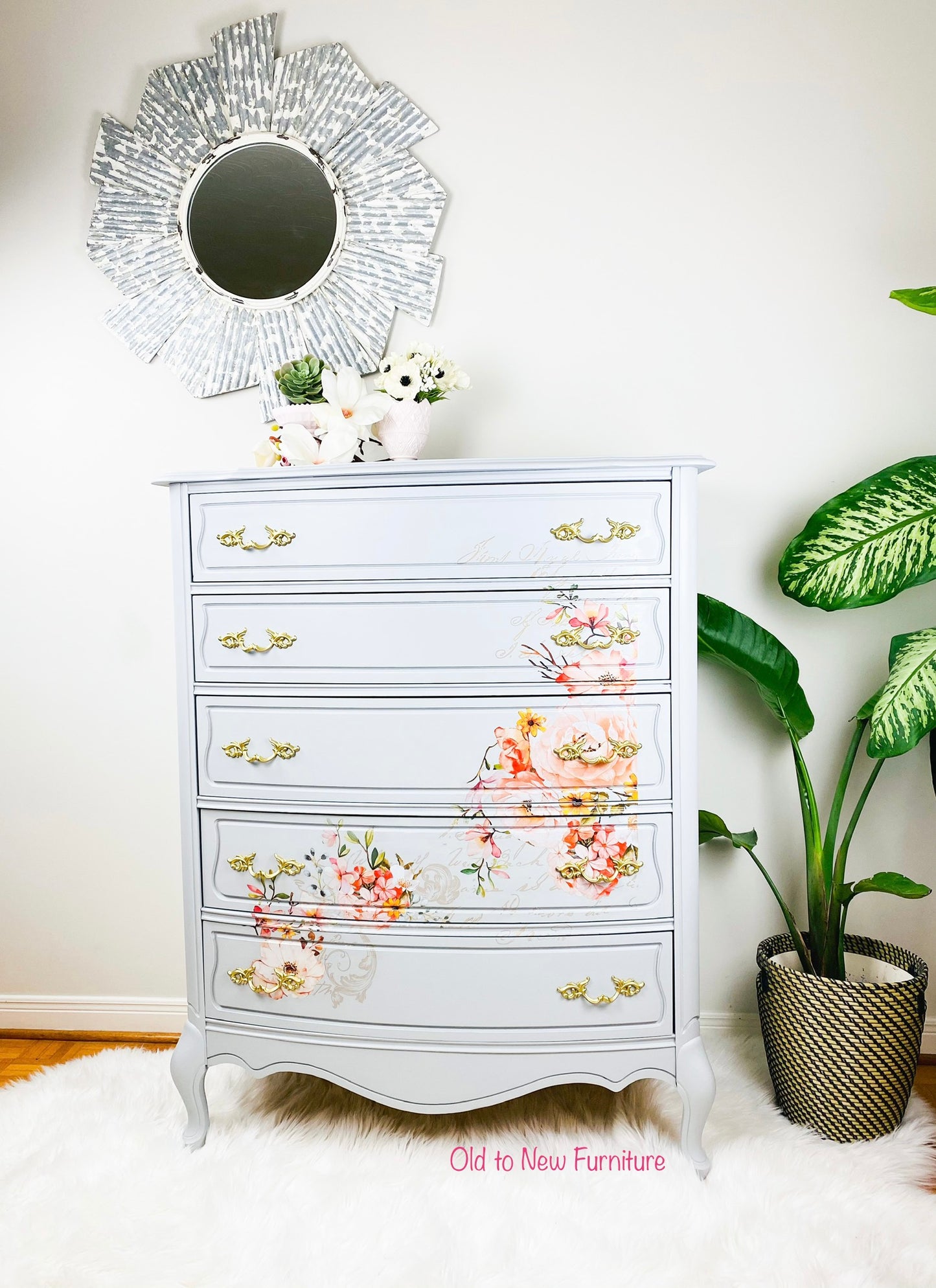 Stunning 5 Drawer French Provincial Antique Armoire Painted Grey with Fusion Mineral Paint