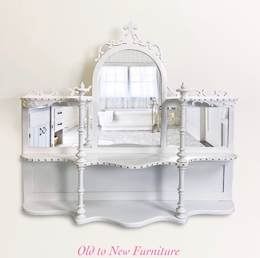 Antique Mirror Storage Shelf Painted White and Gold With Fusion Mineral Paint Picket Fence