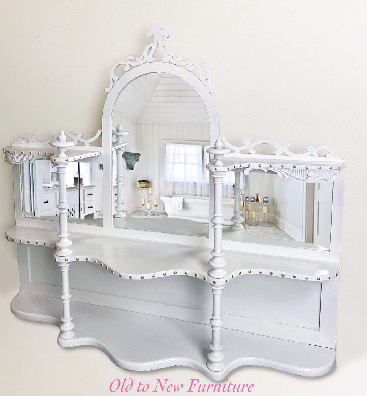 Antique Mirror Storage Shelf Painted White and Gold With Fusion Mineral Paint Picket Fence