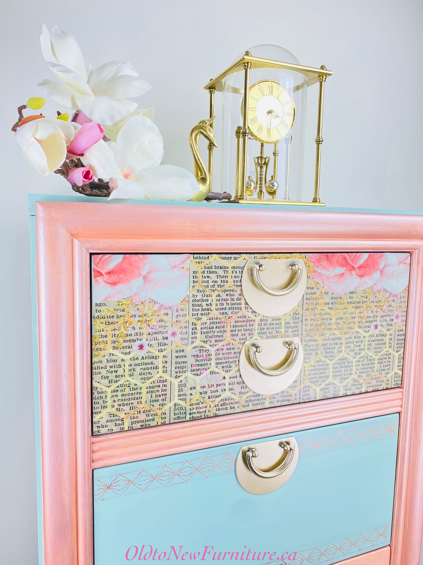 Gorgeous Kroehler Canada Antique 6 Drawer Lingerie Dresser Painted Teal with Metallic Copper, Pink Tones and Decoupaged.
