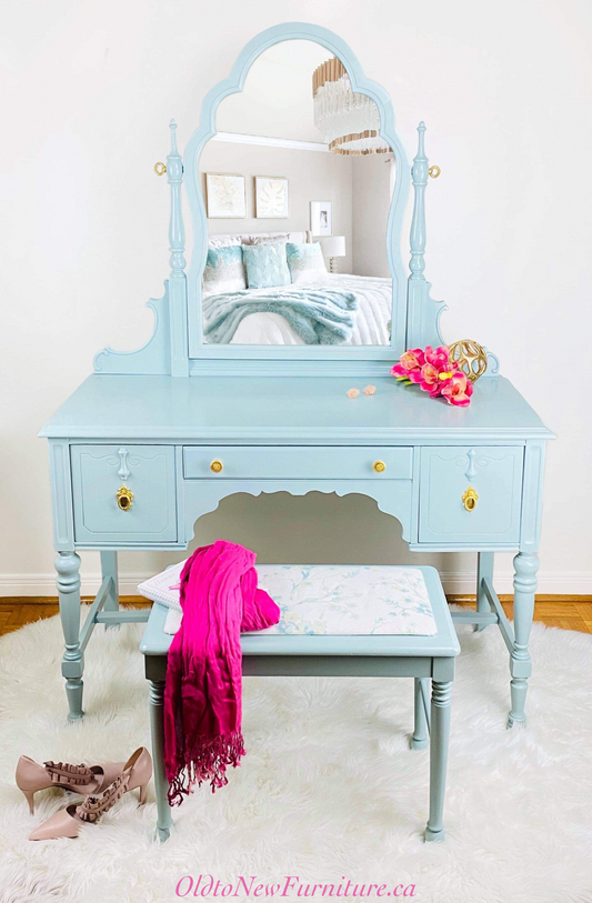 Custom Refinished Antique Makeup Vanity Painted Blue With Fusion Mineral Paint