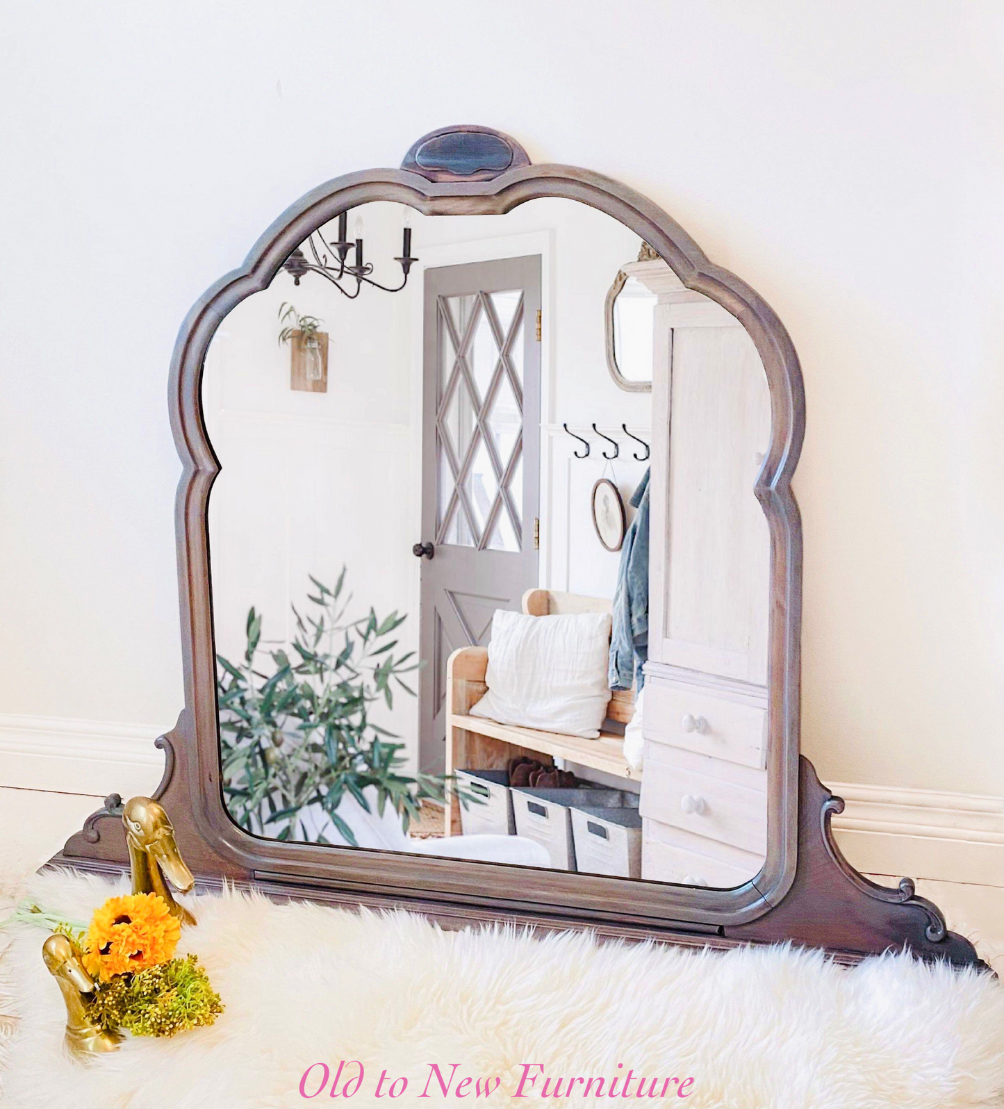 Brown Antique Mirror Refinished With Grey Wood Stain Now A Modern Farmhouse Mirror