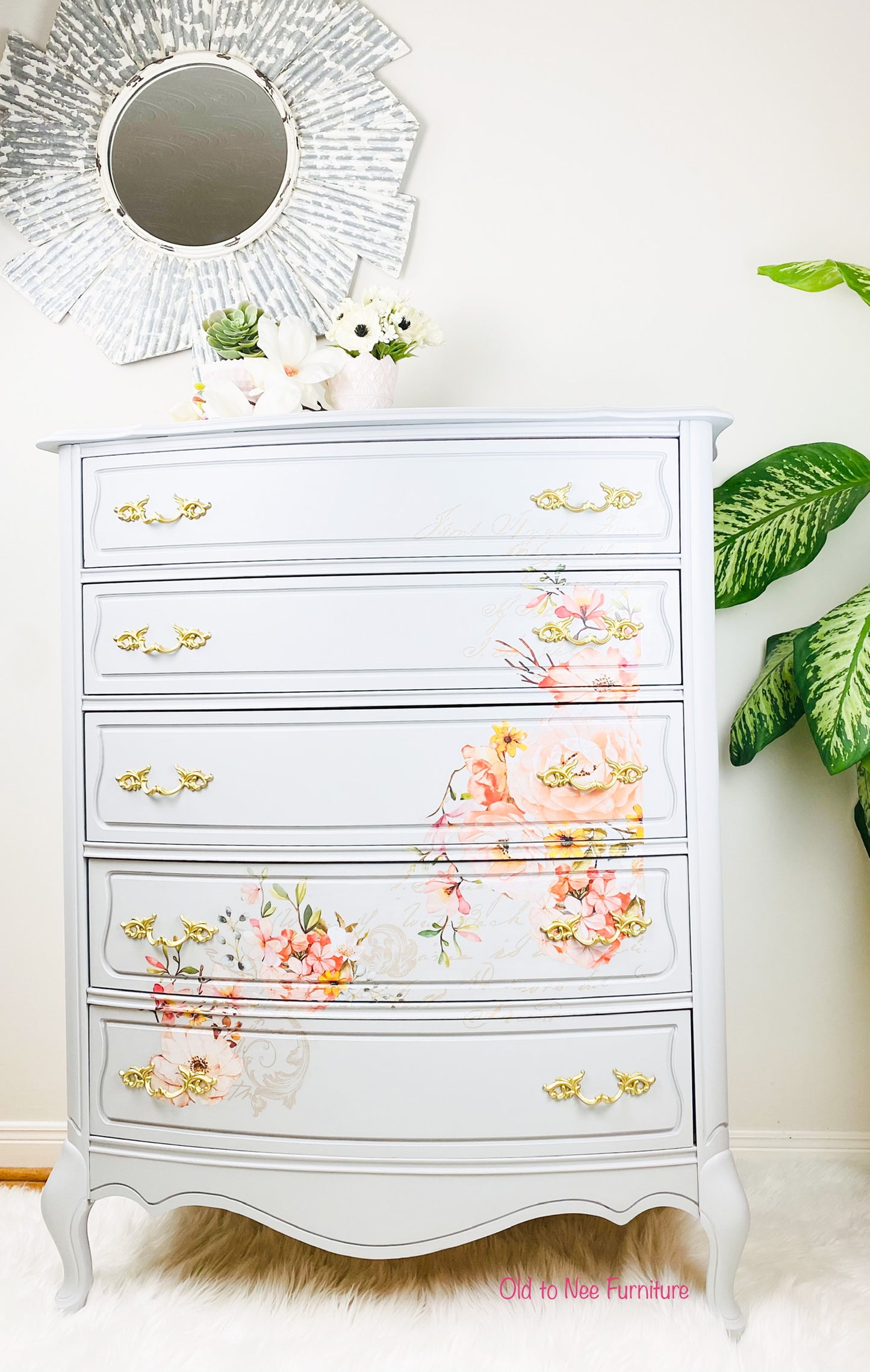 Stunning 5 Drawer French Provincial Antique Armoire Painted Grey with Fusion Mineral Paint