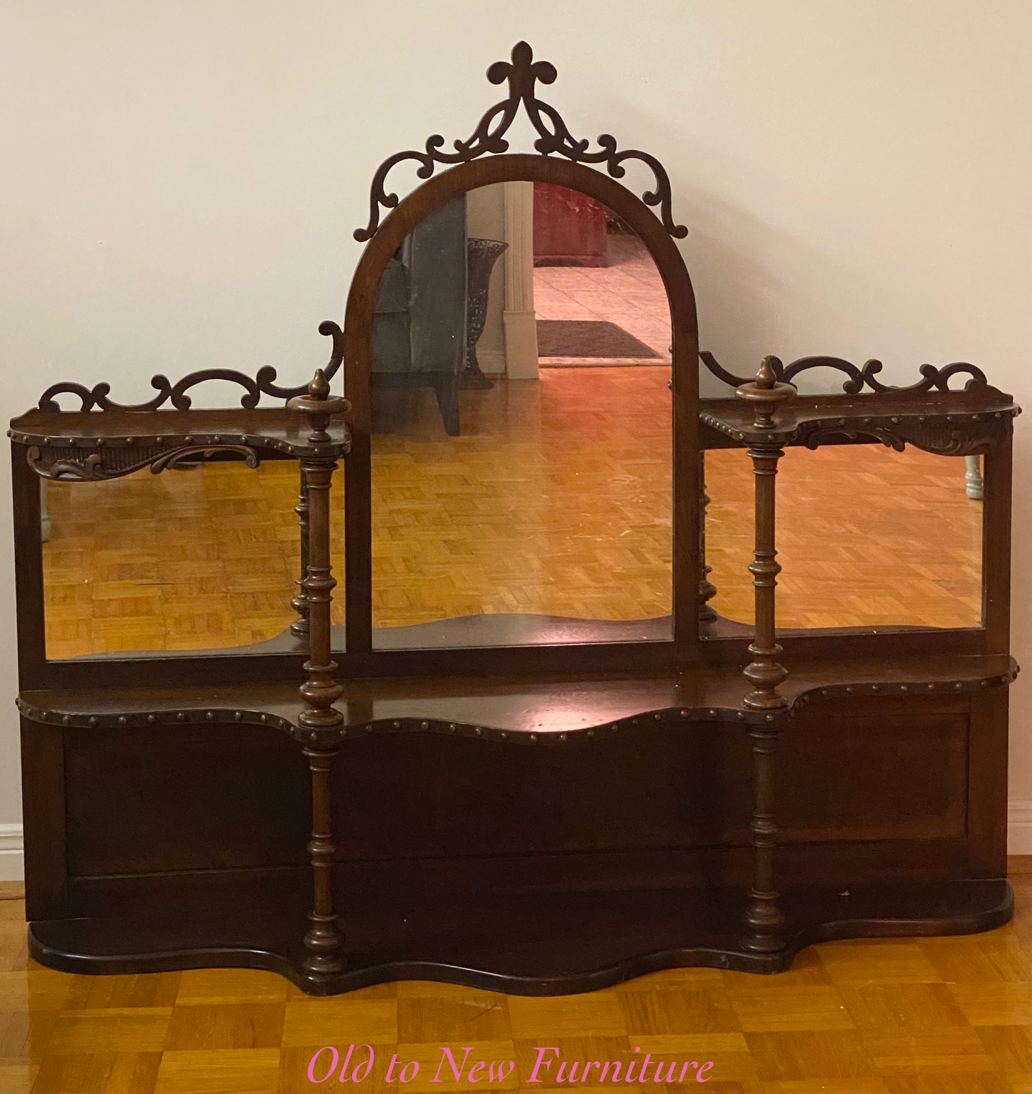 Antique Mirror Storage Shelf Painted White and Gold With Fusion Mineral Paint Picket Fence