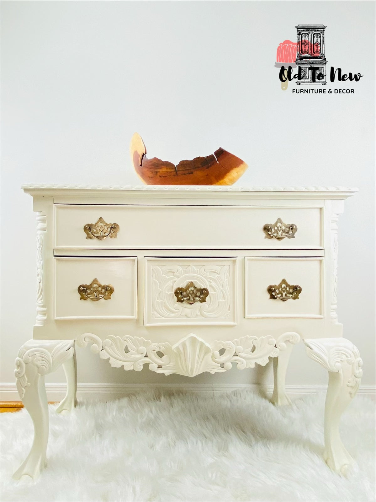 Beautiful Antique 4 Drawer Sideboard with Engraved Hand Carved Details Painted With Fusion Mineral Paint
