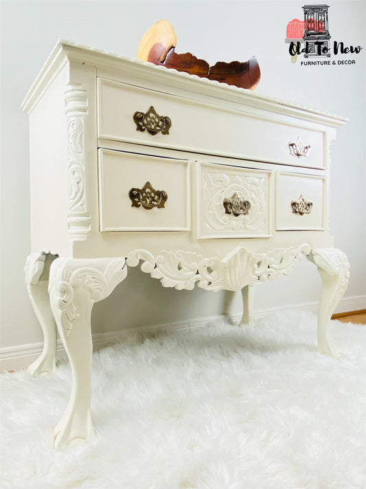 Beautiful Antique 4 Drawer Sideboard with Engraved Hand Carved Details Painted With Fusion Mineral Paint