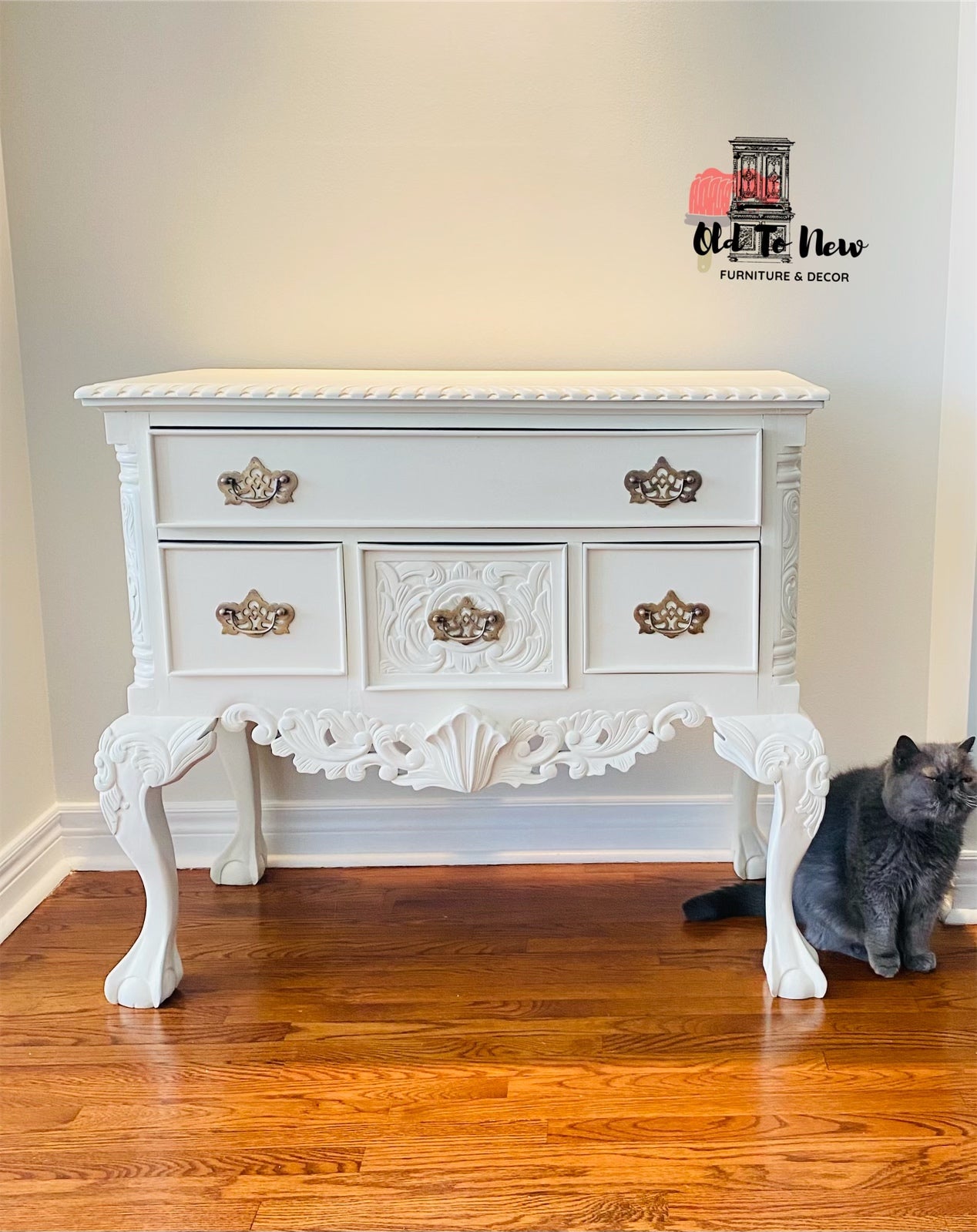 Beautiful Antique 4 Drawer Sideboard with Engraved Hand Carved Details Painted With Fusion Mineral Paint
