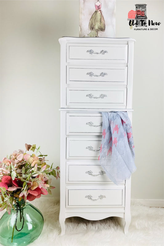 Gorgeous French Provincial 7 Drawer Baronet Dresser Painted White with Victorian Lace from Fusion Mineral Paint