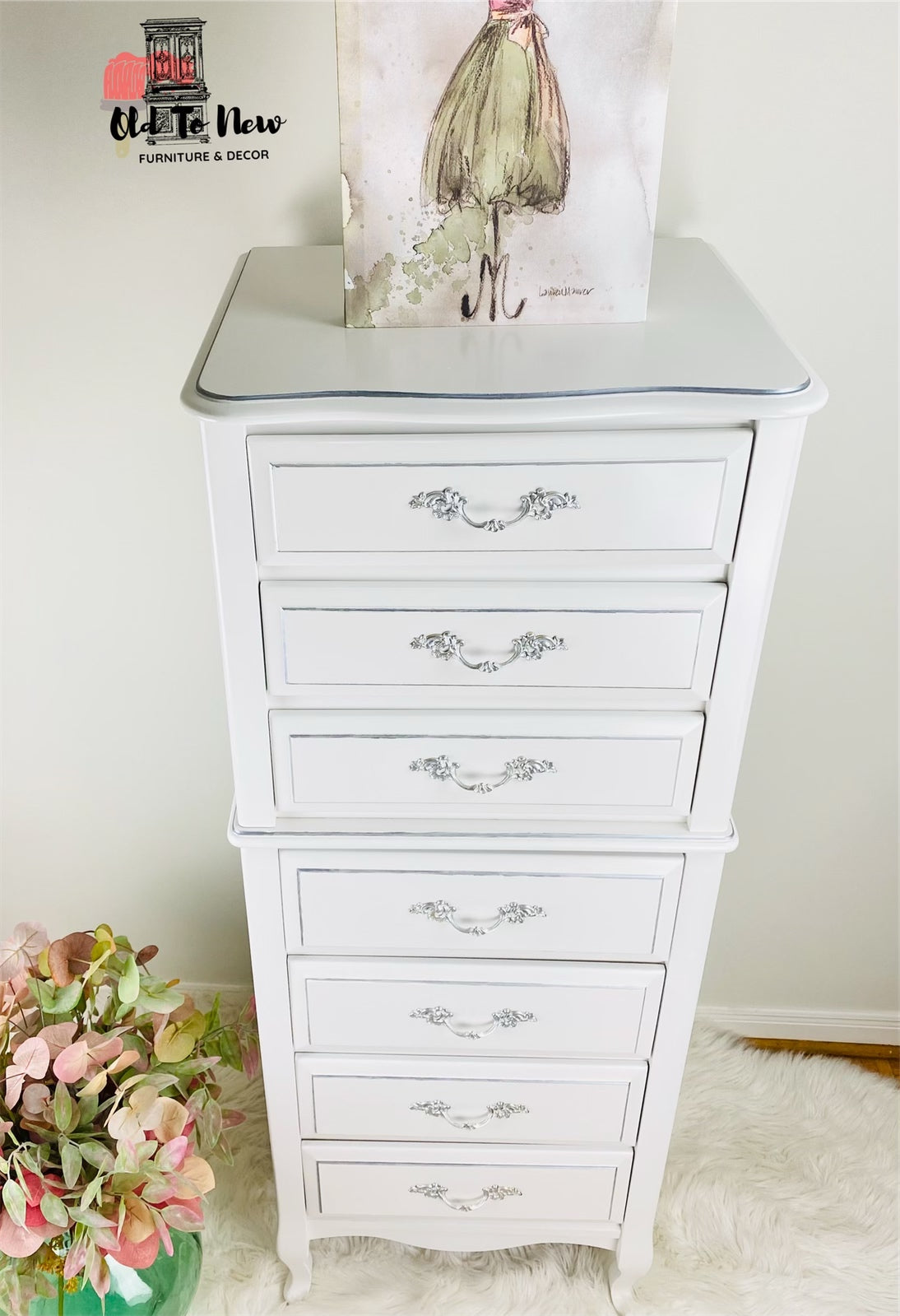 Gorgeous French Provincial 7 Drawer Baronet Dresser Painted White with Victorian Lace from Fusion Mineral Paint