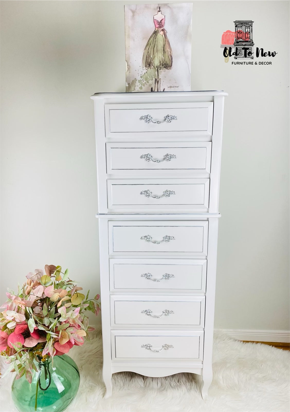 Gorgeous French Provincial 7 Drawer Baronet Dresser Painted White with Victorian Lace from Fusion Mineral Paint
