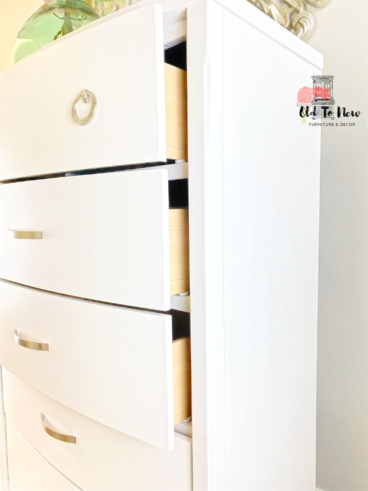 Close- up OF A Tall 5 Drawer Armoire Dresser Painted White With Victorian Lace From Fusion Mineral Paint