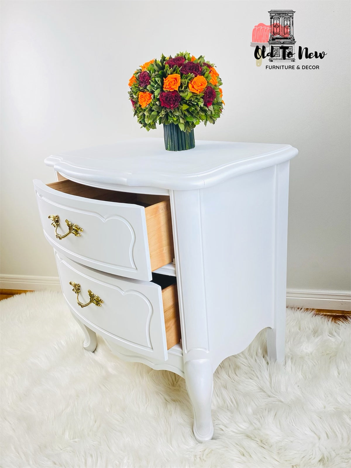 French Provincial end table, night stand painted white with Victorian Lace From Fusion Mineral Paint