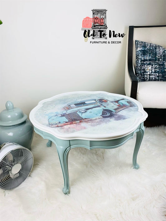 Round French Provincial Center Table, painted white top and mint green sides, classic old car decoupage print on top.