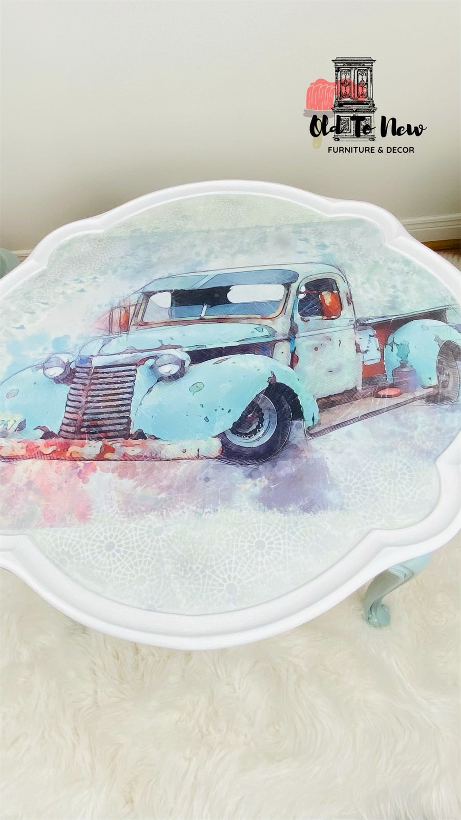 Round French Provincial Center Table, painted white top and mint green sides, classic old car decoupage print on top.
