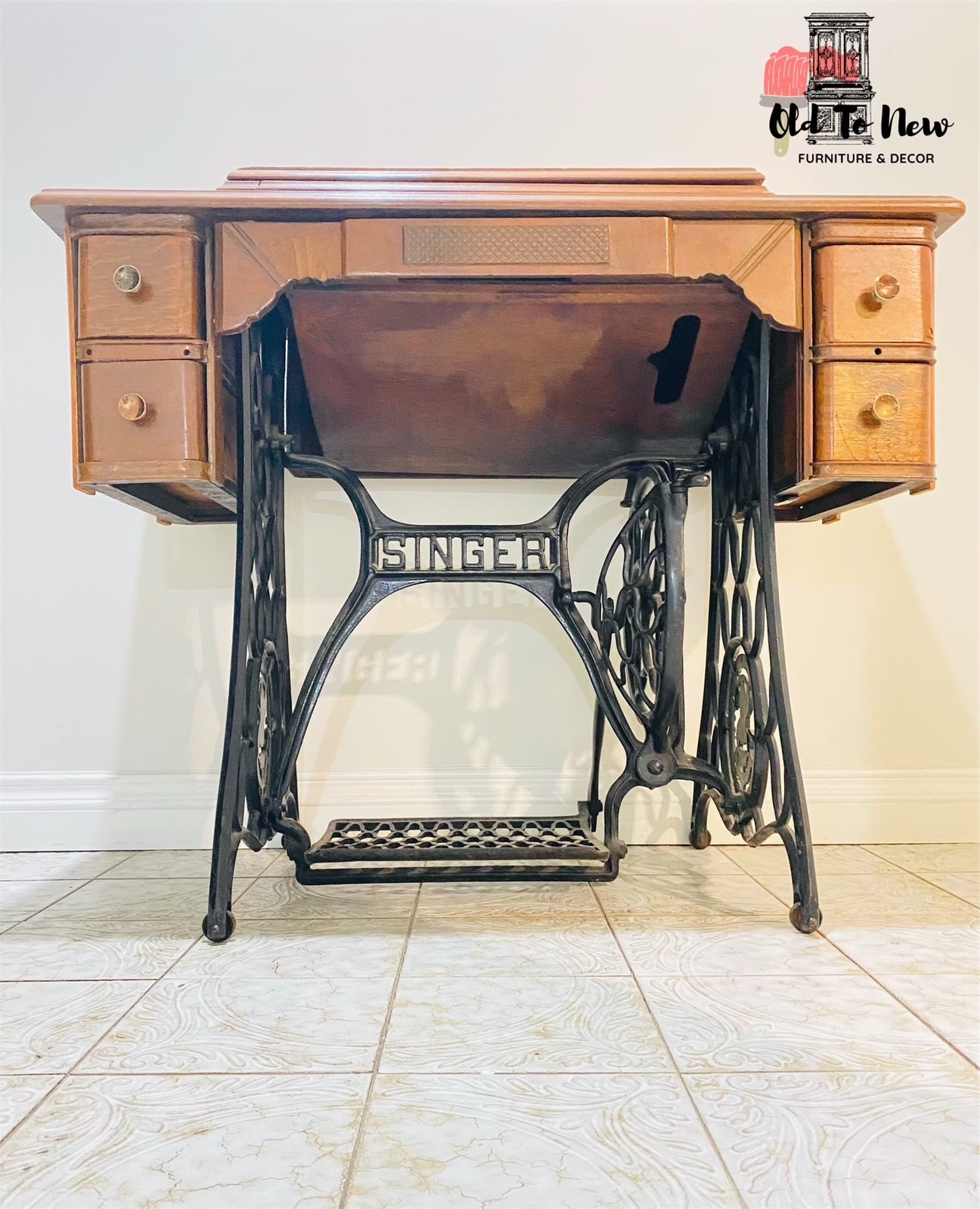 Professionally Refinished Antique Singer Sewing Machine; Painted Beige With Annie Sloan Chalk Paint